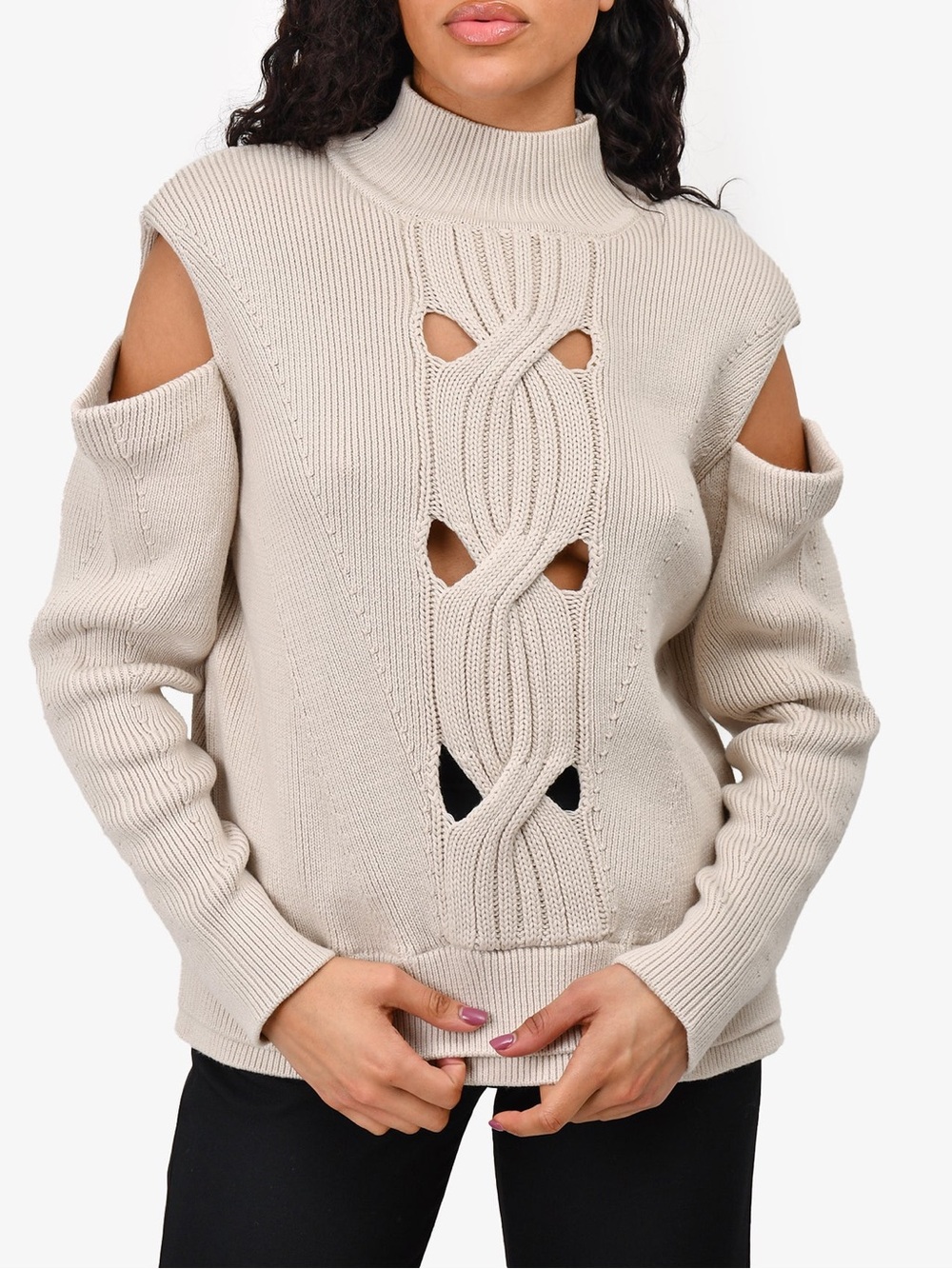 JONATHAN SIMKHAI BEIGE COTTON/WOOL KNIT 'PORTER' OPEN SHOULDER SWEATER SIZE S